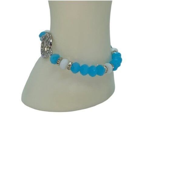Blue White Beaded Silver-Tone Tree of Life Pendant Rhinestone Stretch Bracelet - Picture 4 of 12